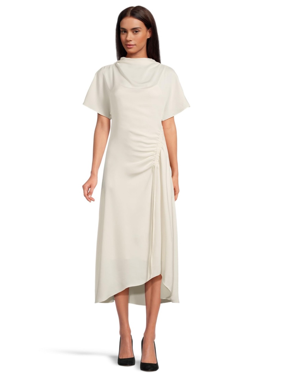 All Saints Ivory Asymmetrical Drape Midi Dress